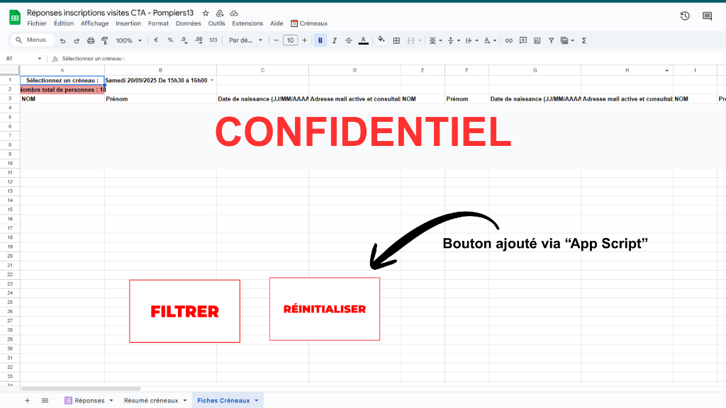 Interface de filtres pour trier les données JEP Pompiers13